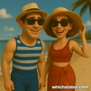 Ellis and June's Alabama Adventures: Relaxing in Style on the Gulf Shores Beach Ellis and June stand on the white sands of Gulf Shores, Alabama, dressed in stylish beachwear, looking out at the calm Gulf of Mexico.