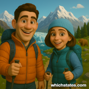 Ellis and June hiking through the Alaskan wilderness on their Alaska Adventures, with snow-capped mountains, glaciers, a turquoise lake, and a bear nearby.