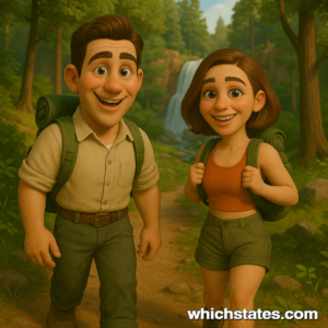 Join Ellis and June on unforgettable Arkansas Adventures in the great outdoors. Ellis and June hiking through a lush Arkansas forest on their Arkansas Adventures, with tall trees, vibrant greenery, and a scenic waterfall in the background.