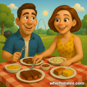Ellis and June sharing BBQ in a sunny Missouri park. Ellis and June enjoy barbecue at a picnic table on a sunny day in Missouri with the Gateway Arch in the background.