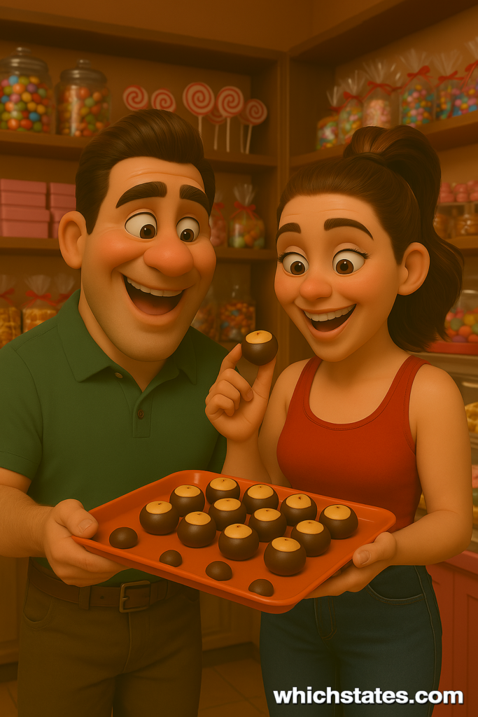 Ellis and June Enjoying Buckeye Candy in Ohio – WhichStates.com Ellis and June joyfully holding buckeye candies in a playful animated Ohio setting.