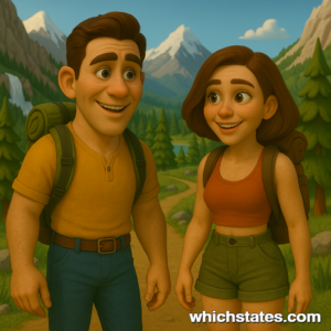Experience the beauty of Colorado Adventures with Ellis and June in the great outdoors Ellis and June hiking through the Colorado mountains on their Colorado Adventures, with alpine peaks, a turquoise lake, and a scenic waterfall behind them.