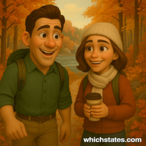 Join Ellis and June on cozy fall Connecticut Adventures through scenic forest trails. Ellis and June hiking through a colorful autumn forest on their Connecticut Adventures, surrounded by fall foliage and heading toward a peaceful river.