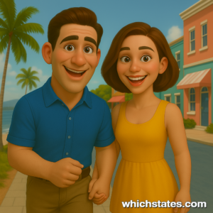 Ellis and June's Florida Adventures: Strolling Through a Vibrant Coastal Town Ellis and June walking through a colorful coastal town in Florida, surrounded by palm trees, pastel buildings, and sunny beach vibes.