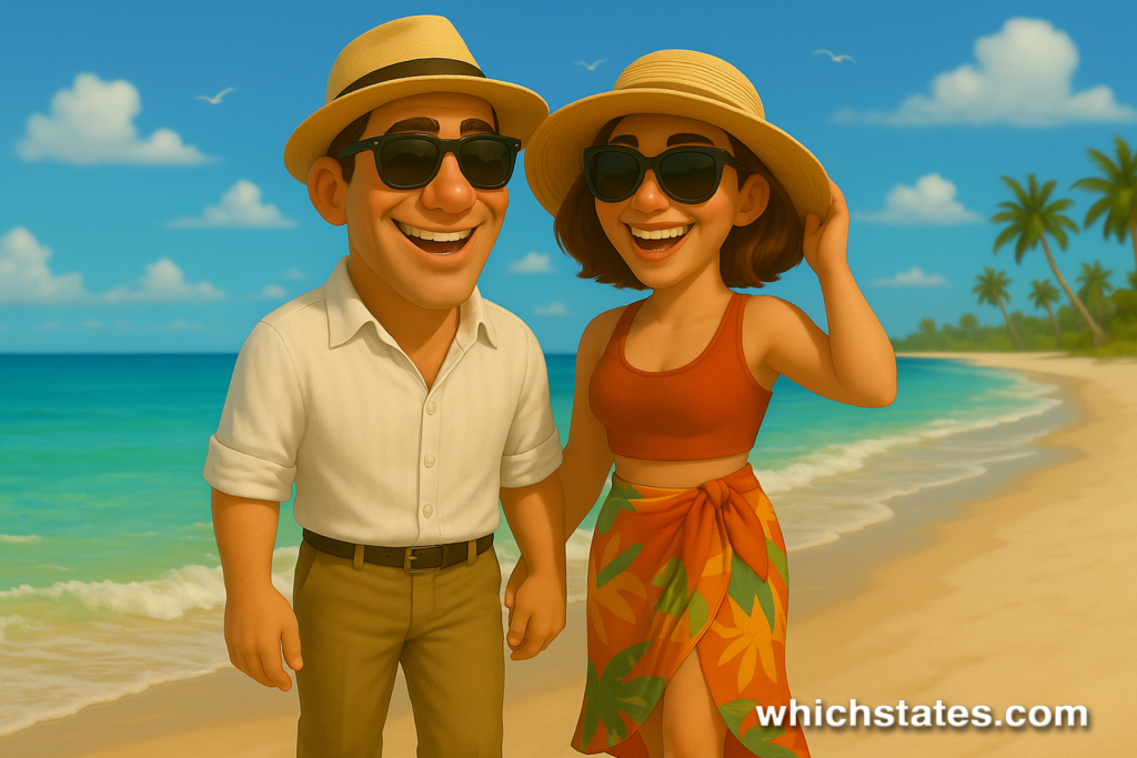Ellis and June on a Florida beach with blue skies, crystal-clear water, and summer vibes. Ellis and June enjoying a sunny day on a white sandy beach in Florida with clear blue skies and ocean waves in the background.