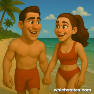 Ellis and June strolling the shoreline of a Florida beach in the sunshine Ellis and June walking in shallow ocean water on a sunny Florida beach, wearing modern swimsuits.