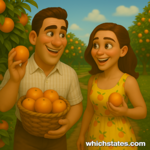 Ellis and June walking through a sunny orange grove in Florida’s citrus country Ellis in a seersucker shirt and June in a summer dress exploring a Florida orange grove surrounded by citrus trees.