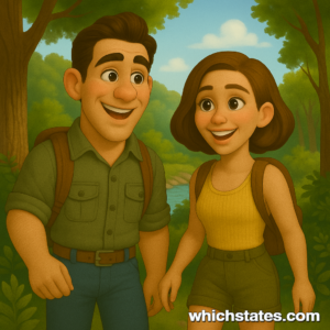 Explore the natural beauty of Georgia Adventures with Ellis and June. Ellis and June hiking through a sunlit Georgia forest on their Georgia Adventures, surrounded by tall trees, lush greenery, and a peaceful waterfall.