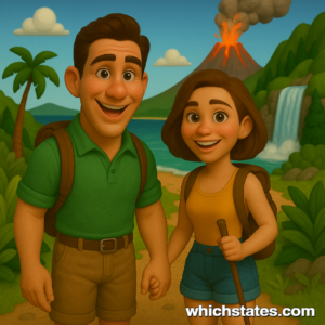 Discover island beauty with Ellis and June on unforgettable Hawaii Adventures. Ellis and June hiking a tropical trail on their Hawaii Adventures, with lush greenery, an erupting volcano, waterfall, palm trees, and ocean in the distance.