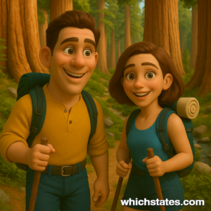 Ellis and June hiking through a forest trail in Sequoia National Park, surrounded by towering sequoia trees and natural beauty during their California Adventures.