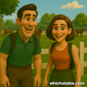 Ellis and June exploring horse country in Kentucky Adventures. Ellis and June exploring horse country in Kentucky Adventures, standing near a white fence in a grassy field with distant horses in the background.