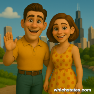 Explore iconic city sights with Ellis and June on their Illinois Adventures. Ellis and June enjoying their Illinois Adventures by the Chicago River, with the city skyline, Willis Tower (or Sears Tower), and summer greenery all around.