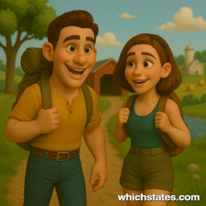 Experience the charm of Indiana Adventures with Ellis and June in the heartland. Ellis and June exploring a peaceful countryside on their Indiana Adventures, with rolling farmland, trees, and a classic red covered bridge in the background.
