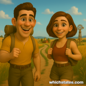Explore the heartland on Kansas Adventures with Ellis and June. Ellis and June walking along a quiet rural road on their Kansas Adventures, surrounded by golden wheat fields, windmills, and big prairie skies.
