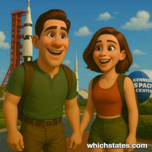 Ellis and June visiting the Kennedy Space Center on a Florida space adventure Ellis and June exploring the Kennedy Space Center with rockets and space exhibits in the background.