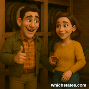Experience authentic Kentucky Adventures with Ellis and June at a historic distillery. Ellis and June touring a Kentucky bourbon distillery on their Kentucky Adventures, with rustic brick walls, barrels, and warm Southern charm.