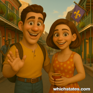Join Ellis and June for unforgettable Louisiana Adventures in the heart of New Orleans. Ellis and June exploring New Orleans on their Louisiana Adventures, with colorful French Quarter buildings, festive street scenes, and bayou charm.