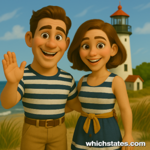 Experience coastal charm on Massachusetts Adventures with Ellis and June. Ellis and June walking along the breezy New England coast on their Massachusetts Adventures, with striped outfits, ocean views, and a classic lighthouse nearby.