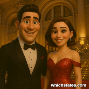 Ellis and June arrive in style at New York Adventures’s grandest gala, dressed to dazzle New York Adventures continue as Ellis and June stand outside an elegant New York City venue dressed in glamorous evening wear. June wears a sparkling ruby-red gown, and Ellis sports a deep burgundy pocket square.