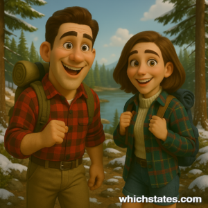 Bundle up for Minnesota Adventures with Ellis and June on the trail. Ellis and June hiking a wooded lakeside trail on their Minnesota Adventures, wearing flannel shirts and surrounded by pines, crisp air, and forest scenery.