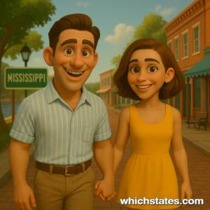 Soak up the Southern sunshine on Mississippi Adventures with Ellis and June. Ellis and June exploring a warm Mississippi town on their Mississippi Adventures, dressed in light Southern summer clothing with trees, historic buildings, and relaxed charm.
