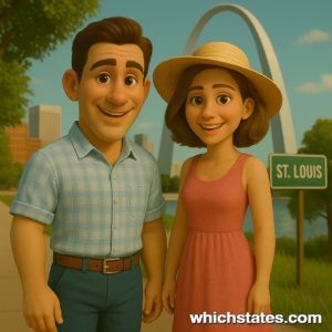 Enjoy sun-filled Missouri Adventures with Ellis and June in St. Louis. Ellis and June exploring St. Louis on their Missouri Adventures, with the Gateway Arch in the background, dressed in light summer clothes on a sunny day.