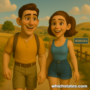 Wander the peaceful heartland on Nebraska Adventures with Ellis and June. Ellis and June walking down a rural Nebraska road on their Nebraska Adventures, with grassy prairies, open skies, and a quiet small-town backdrop.