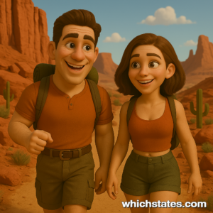 Experience bold landscapes on Nevada Adventures with Ellis and June. Ellis and June hiking through a red rock desert on their Nevada Adventures, surrounded by rocky cliffs, arid terrain, and bright Southwestern skies.