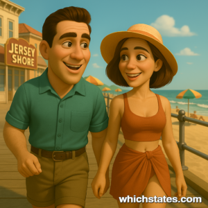 Ellis and June Enjoy a Coastal Stroll on Their New Jersey Adventure Ellis and June walking along the Jersey Shore boardwalk in New Jersey, with beach scenery, ocean breeze, and summer outfits under a clear sky.