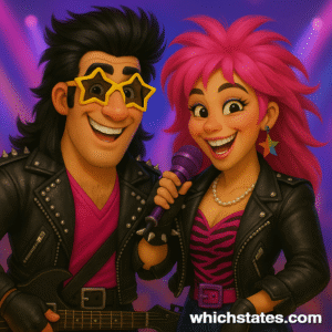 Ellis and June rocking 1980s glam rock style, ready to take the stage. Ellis and June dressed as glam rock 1980s rock stars, sporting bold fashion and electric energy. June smiles with excitement, and Ellis exudes confidence as they rock their vibrant, edgy look.