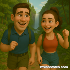 Ellis and June's Oregon Adventure: Hiking in the Columbia River Gorge Ellis and June hiking in the Columbia River Gorge, Oregon, smiling as they traverse a scenic trail with lush greenery and a distant waterfall.