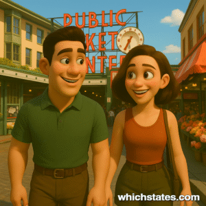 Ellis and June at Pike Place Market in Seattle experiencing Washington Adventures. Ellis and June walking through Seattle’s Pike Place Market on a sunny day, surrounded by flowers and market stalls experiencing Washington Adventures.