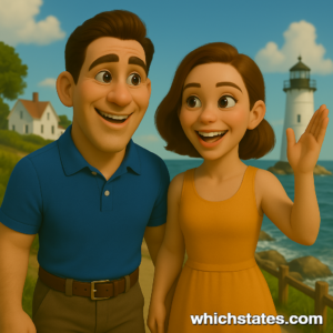 Ellis and June's Coastal Adventures in Rhode Island Ellis and June enjoy a sunny day on the Rhode Island coast, with a lighthouse and serene ocean in the background.