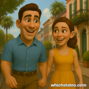 Ellis and June's South Carolina Adventure: Exploring Charleston's Historic Charm Ellis and June hand-in-hand, strolling down a picturesque street lined with pastel-colored houses in Charleston, South Carolina.