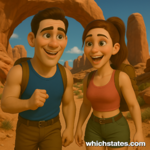 Ellis and June's Utah Adventure: Hiking in Arches National Park Ellis and June hiking through Arches National Park in Utah, smiling as they explore sandstone arches and desert scenery under a bright blue sky.
