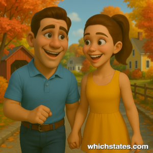Ellis and June's Vermont Adventure: Fall Foliage and Covered Bridges in a Classic New England Town Ellis and June walking through a small Vermont town in autumn, surrounded by vibrant fall foliage and a red covered bridge.