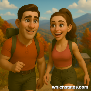 Ellis and June's Virginia Adventures: Hiking the Blue Ridge Parkway in Shenandoah National Park Ellis and June hiking along the Blue Ridge Parkway in Virginia, surrounded by colorful fall foliage and scenic mountain views.
