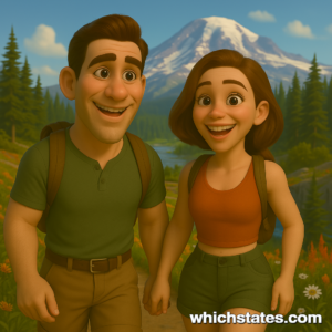 Ellis and June's Washington Adventures: Hiking in Mount Rainier National Park Ellis and June hiking in Mount Rainier National Park, surrounded by wildflowers and evergreens with the snow-capped peak in the distance.