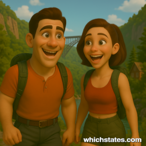 Ellis and June's West Virginia Adventures: Hiking New River Gorge with Scenic Bridge Views Ellis and June hiking in West Virginia’s New River Gorge, with a view of the iconic bridge and lush, sunlit Appalachian scenery.