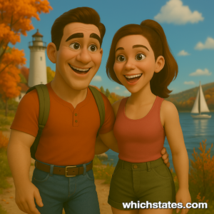Ellis and June's Wisconsin Adventures: Exploring Door County’s Lakeside Charm Ellis and June walking along the lakeside in Door County, Wisconsin, surrounded by fall foliage, a sailboat, and a classic lighthouse.