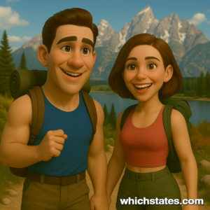 Ellis and June's Wyoming Adventures: Exploring Grand Teton National Park Ellis and June hiking in Grand Teton National Park, surrounded by pine trees, a clear lake, and the snow-capped Teton mountain range.