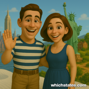 Ellis and June's New York Adventures – Exploring Iconic NYC Landmarks Ellis and June smiling in New York, with the NYC skyline and Statue of Liberty in the background, representing iconic New York Adventures.