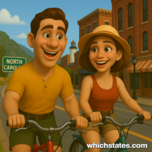 Ellis and June's North Carolina Adventures – Biking Through the Blue Ridge and Asheville Ellis and June biking through North Carolina, with the Blue Ridge Mountains, a charming Asheville town, and a lighthouse in the background — perfect for North Carolina Adventures.
