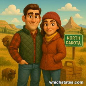 Ellis and June's North Dakota Adventures – Exploring Scenic Prairie Landscapes Ellis and June standing in North Dakota’s vast prairie landscape under a big blue sky, enjoying the peace and beauty of their North Dakota Adventures.