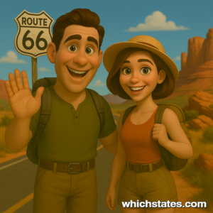 Ellis and June's Oklahoma Adventures – Exploring Route 66 and Red Rock Landscapes Ellis and June smiling in Oklahoma, with Route 66 and red rock formations in the background, embodying the spirit of Oklahoma Adventures.