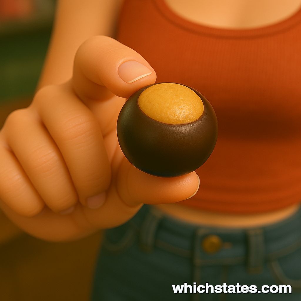 June Holding a Buckeye Candy Close-up of June’s hand holding a buckeye candy, with chocolate and peanut butter.