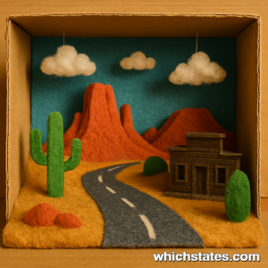 Explore the rugged beauty of Nevada Adventures in a handcrafted desert scene. A handcrafted diorama of Nevada Adventures featuring a desert landscape, red rock canyons, a rustic trail, and cacti beneath wide Southwestern skies.