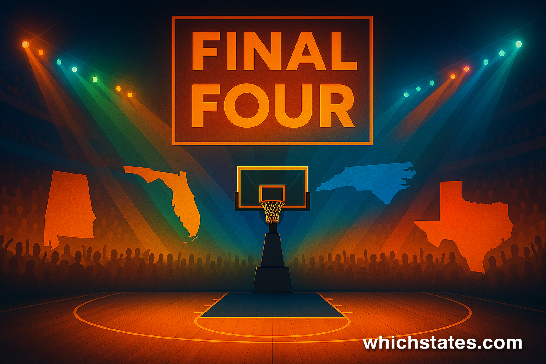 final-four-2025-basketball-court-colorful-spotlights-alabama-florida-north-carolina-texas