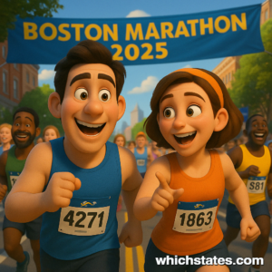 Ellis and June Join the Boston Marathon 2025 Ellis and June running in the Boston Marathon, smiling with joy and excitement, surrounded by cheering spectators.