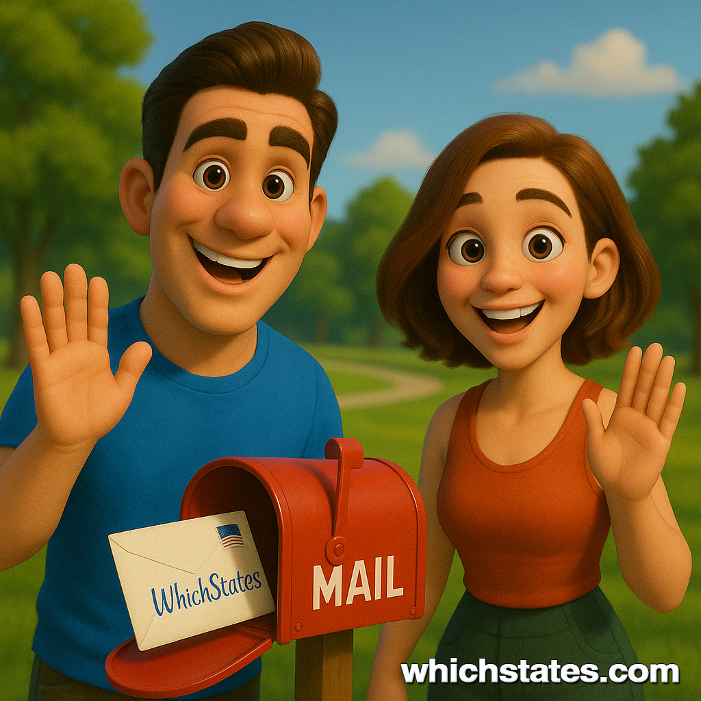 Ellis and June at the Park Mailbox – Contact WhichStates Contact WhichStates with Ellis and June as they wave cheerfully at a park mailbox labeled 'WhichStates'